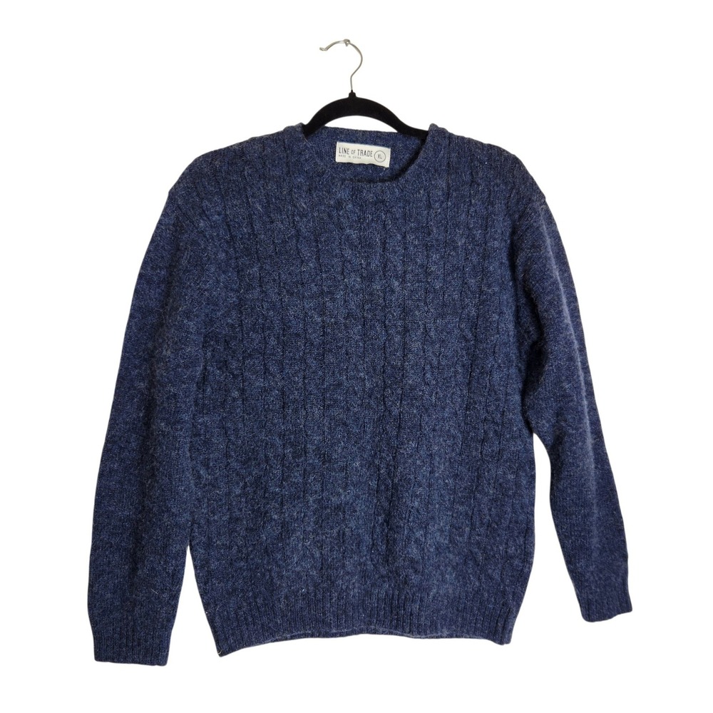 Line of Trade Mens XL Shetland Wool Cable Knit Crew Neck Sweater Navy Blue